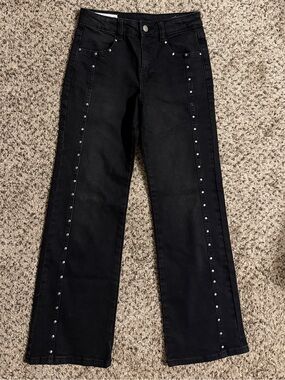 Zara Girls Wide Leg Black Denim Jeans with Silver Stud Trim